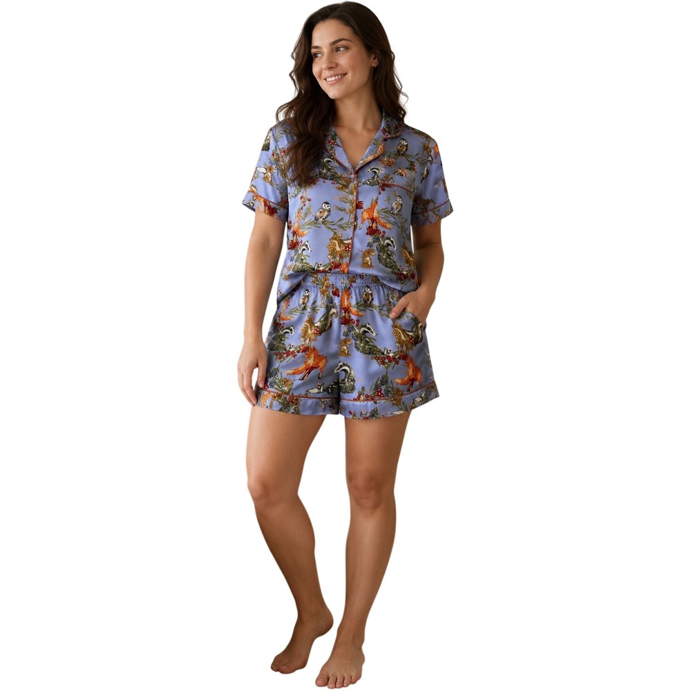 Their Nibs Whimsical Woodland Animal Satin Pajama Set Blue Fox Owl Deer Size S